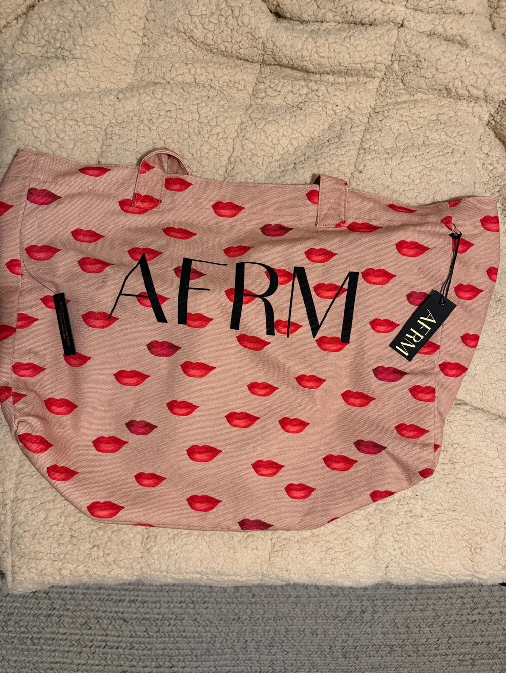 AFRM Pink Canvas Tote with Red Lip Print
